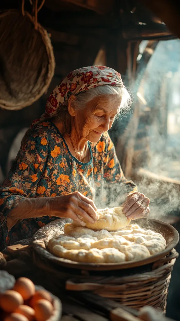An elderly woman, adorned in a floral headscarf and dress, kneads and shapes dough in a rustic setting.  Steam rises from the freshly prepared bread, nestled in a large wicker basket.  The scene is warm and intimate, highlighting the traditional preparation of food.  A bowl of eggs sits nearby, adding to the homely atmosphere. The image evokes a sense of heritage and timelessness.