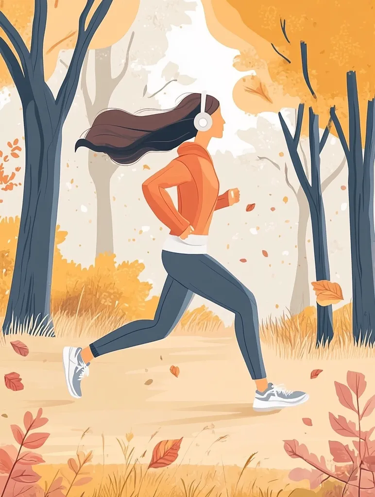 A woman with long brown hair, wearing headphones and an orange jacket, jogs through a picturesque autumnal forest.  Falling leaves drift around her as she runs along a path, enjoying the crisp air and vibrant colors of the season. The scene is stylized with warm, autumnal tones and a focus on movement and serenity.