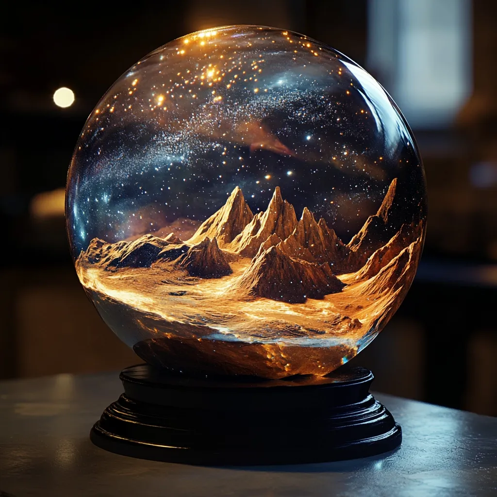A large glass sphere rests on a dark wooden base. Inside, a miniature alien landscape is depicted, featuring golden-brown mountains under a starry night sky. The scene is illuminated from within, creating a warm, ethereal glow. The contrast between the dark background and the luminous miniature world inside the sphere emphasizes its otherworldly beauty.