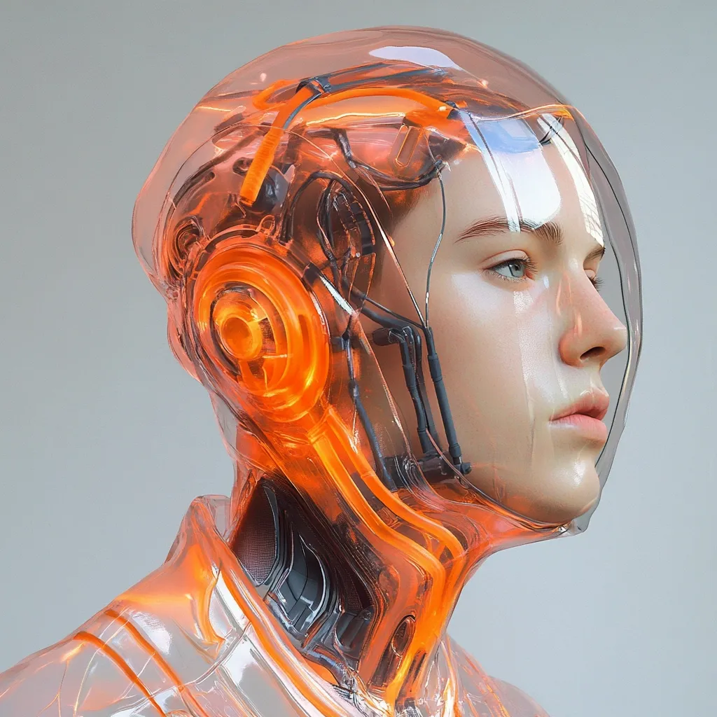 A digital rendering showcases a person's head and shoulders encased in a transparent, futuristic helmet.  The helmet's internal structure glows with vibrant orange light, highlighting intricate technological components. The subject's face, visible through the helmet's clear material, is serene and pensive.  The overall aesthetic blends human form with advanced technology, suggesting a cyborg or augmented human.