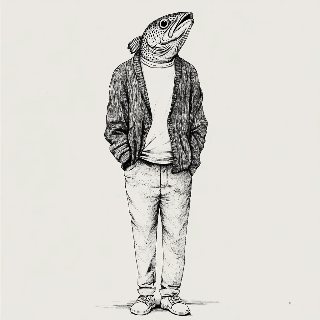 A black and white ink drawing depicts a person with a fish's head wearing casual clothing.  The fish head is detailed and realistic, while the body is clothed in a cardigan, t-shirt, and pants, appearing relaxed and casually standing with hands in pockets. The style is whimsical and surreal, contrasting the natural form of the fish with the human attire.  The image is minimalist with a light background.