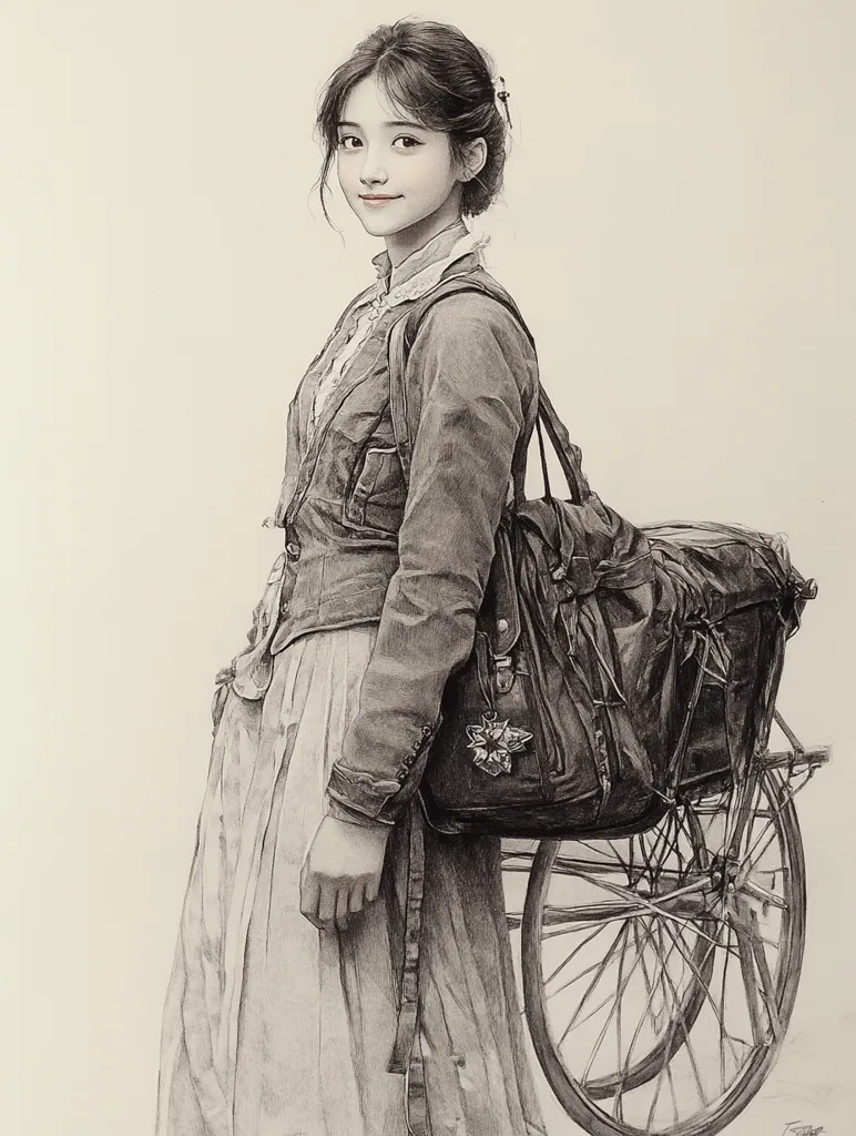 A stunning monochromatic pencil sketch depicts a young woman, possibly Asian, standing in profile view. She's elegantly dressed in a period-style jacket and long skirt, carrying a large, well-worn satchel on a cart. Her serene expression and poised posture suggest a journey or a moment of quiet contemplation. The detailed shading and fine lines create a realistic portrayal of both the woman and her surroundings.
