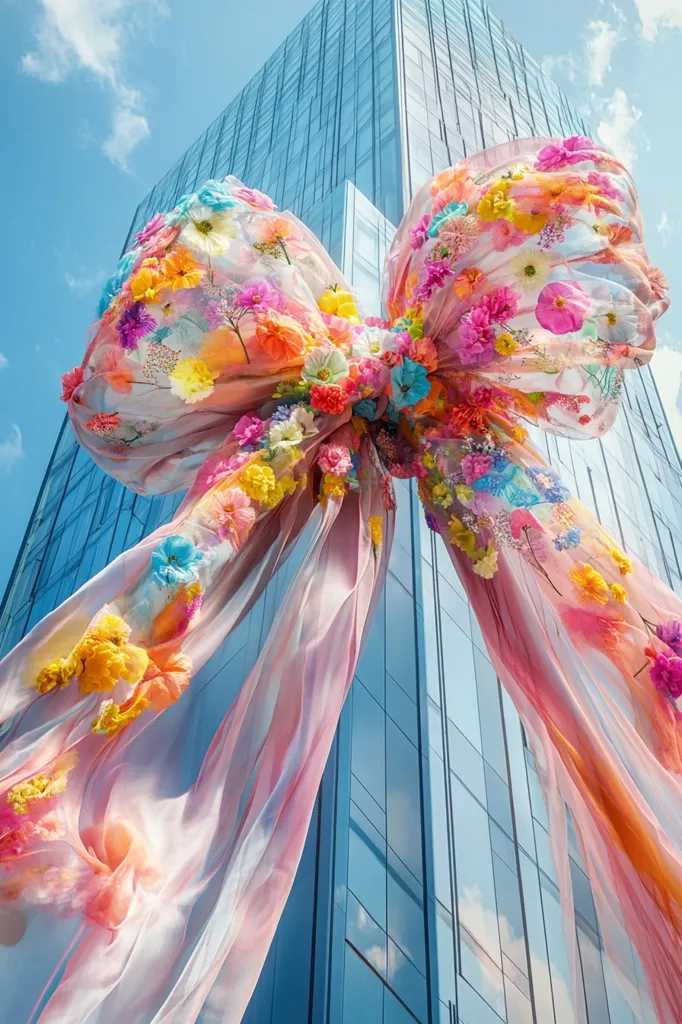 A giant, pink ribbon adorned with vibrant, colorful flowers is draped over a modern glass skyscraper. The sheer fabric of the ribbon allows the building's reflection to show through.  The flowers, a mix of various types and colors, create a striking contrast against the building's sleek lines. The scene is bright and cheerful, suggesting a celebratory or artistic installation.