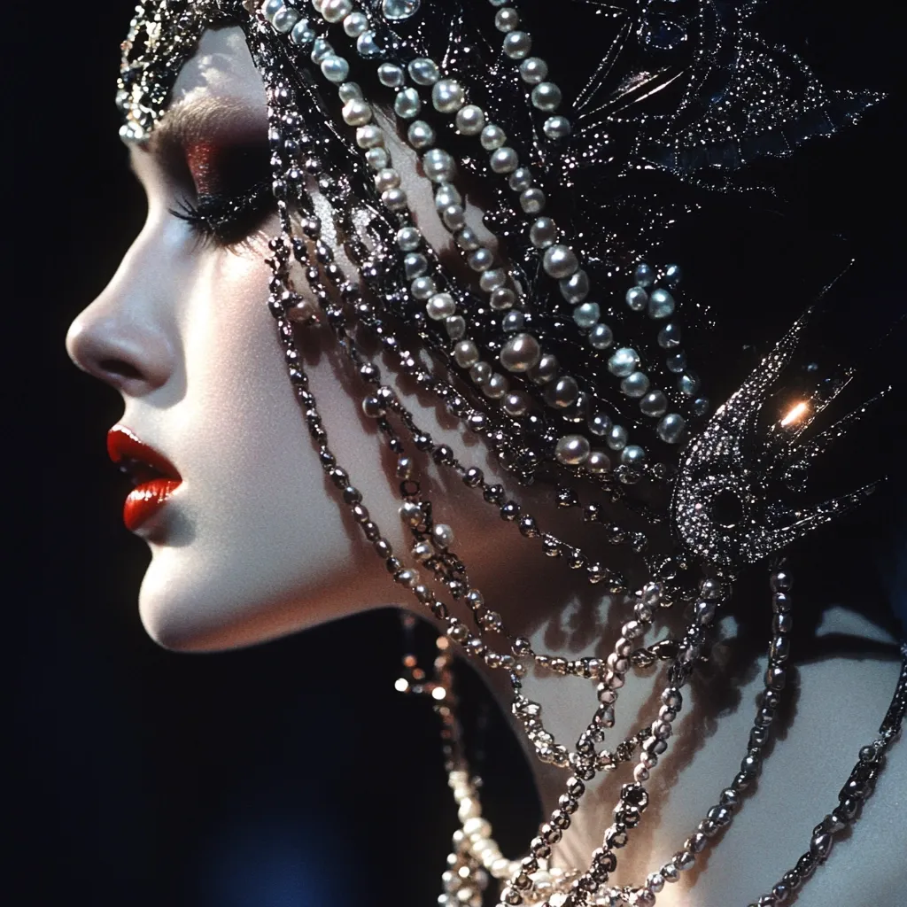 A woman's profile is elegantly adorned with a lavish headpiece and necklaces.  The intricate design features pearls and dark metalwork, creating a dramatic contrast against her pale skin and vibrant red lips. The dark background emphasizes the shimmer of the jewelry and the intensity of her gaze.  The overall effect is one of sophisticated glamour and mysterious allure.