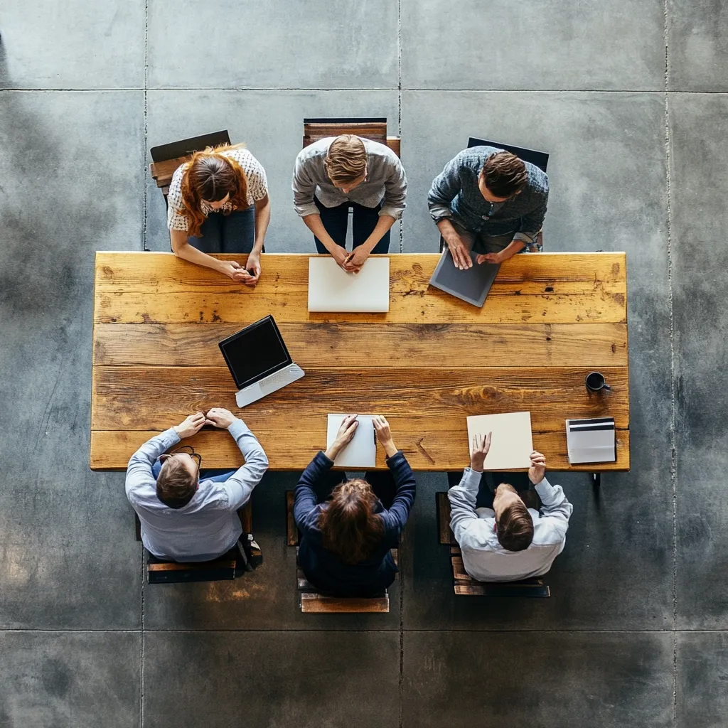 An overhead shot depicts six individuals seated around a long wooden table, engaged in a meeting.  Each person is positioned on a chair, with laptops, tablets, and notebooks spread across the table. The scene suggests a collaborative work session or brainstorming event in a modern, minimalist office space. The individuals appear focused and engaged in their discussion.