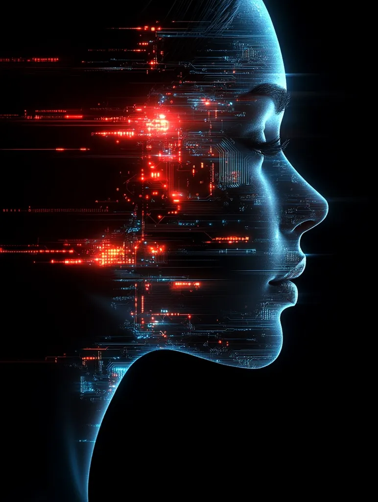 A digital rendering depicts a woman's profile, her face overlaid with a complex network of glowing blue and red circuit lines.  The lines suggest technological integration within her being, creating a visually striking representation of artificial intelligence or a human-machine interface.  The dark background emphasizes the luminescent circuitry, enhancing the futuristic and abstract nature of the image.
