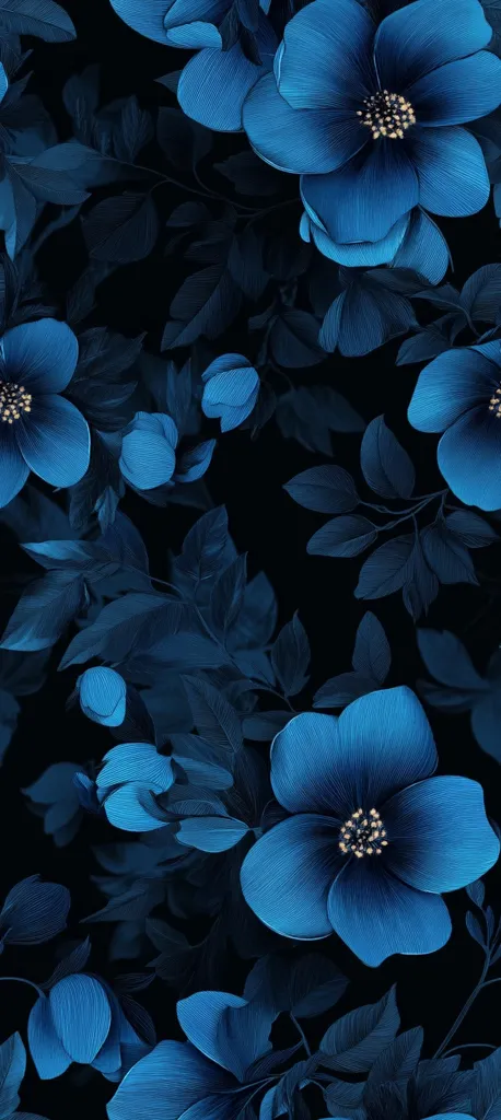 A captivating image showcases a profusion of deep blue flowers and leaves, set against a stark black backdrop. The flowers, rendered in a style that suggests delicate brushstrokes, possess a velvety texture.  Their rich, saturated blue hue dominates the composition, creating a striking visual contrast with the inky black background, enhancing the overall mysterious and elegant mood. The intricate detailing of both petals and leaves adds depth and complexity to this floral masterpiece.