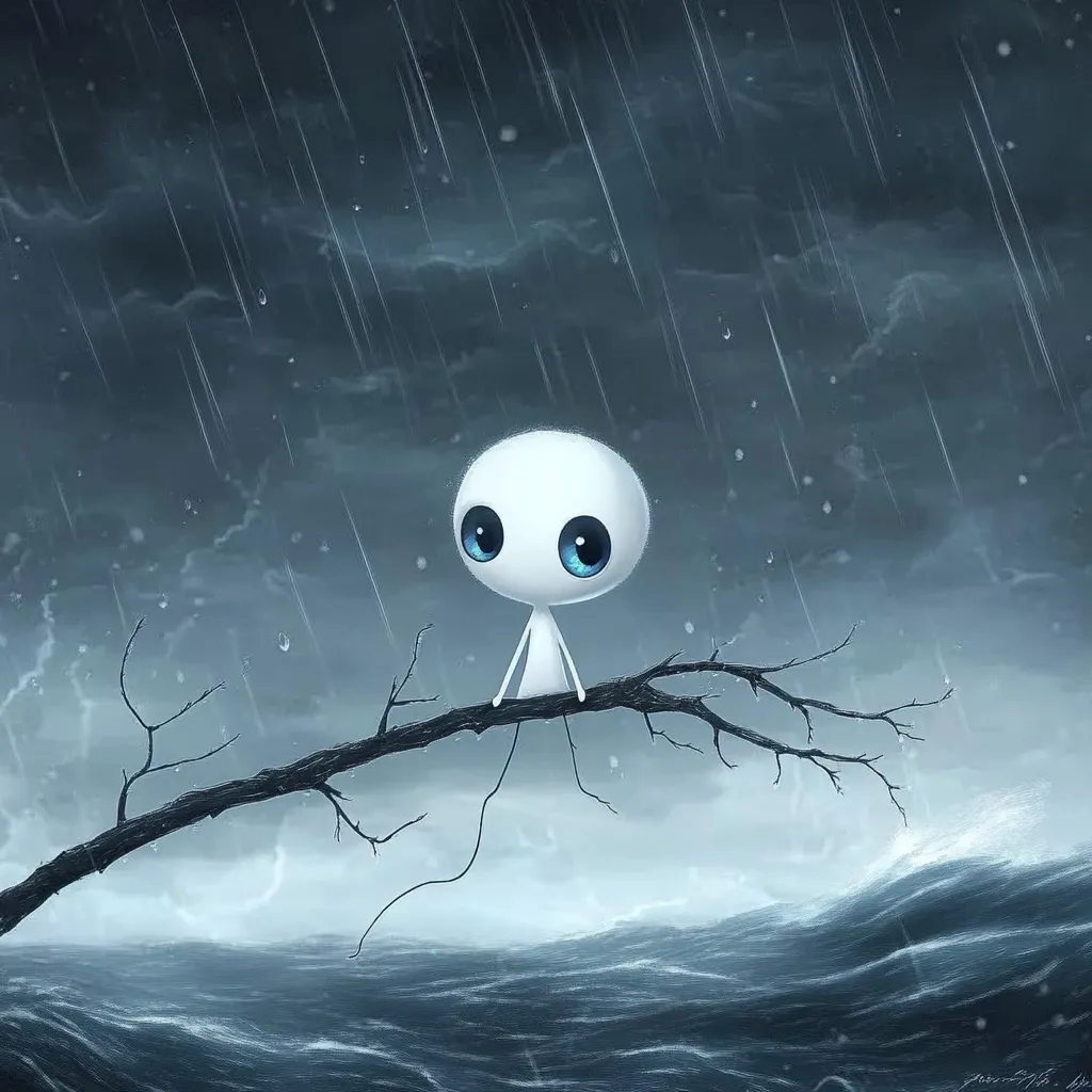 A small, white, round creature with large blue eyes sits on a bare branch extending over a stormy sea.  Rain pours down from a dark sky. The scene evokes a feeling of loneliness and vulnerability amidst a turbulent environment. The creature appears pensive, its simple form contrasting sharply with the dramatic backdrop.