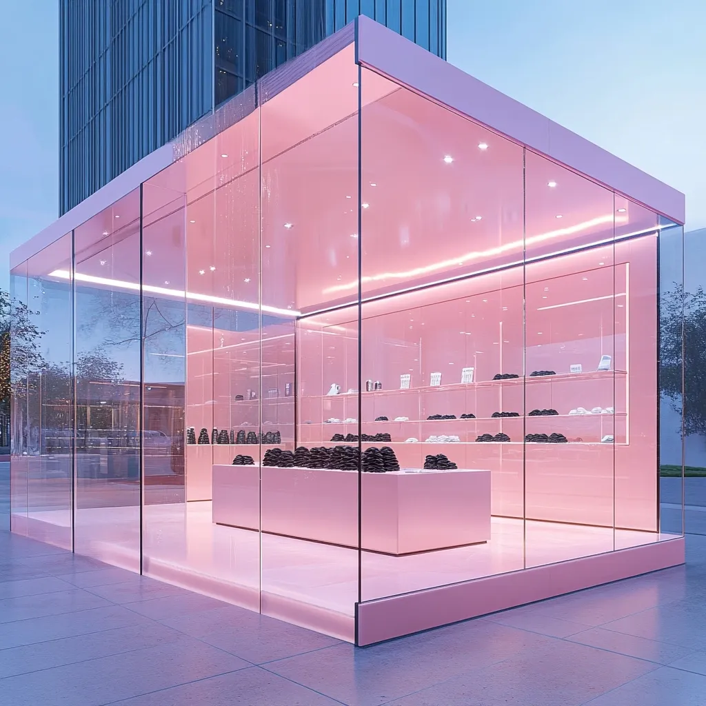 A modern, minimalist pop-up shop, encased in a pink glass cube, stands on a city sidewalk.  Inside, shelves display neatly arranged black items, possibly shoes or accessories, illuminated by soft pink lighting. The sleek design contrasts with the backdrop of a tall, modern glass skyscraper, creating a visually striking scene. The overall aesthetic is clean, luxurious, and subtly feminine.
