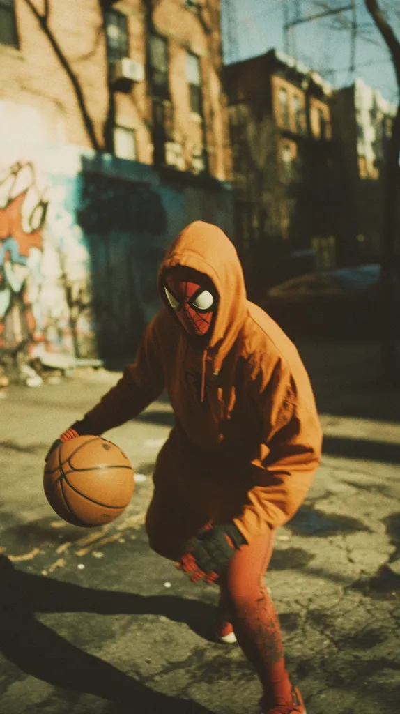 A person wearing an orange hoodie and Spider-Man mask dribbles a basketball on a city street.  The background features brick buildings with graffiti and trees. The image has a vintage, slightly grainy quality, suggesting a film photograph. The overall mood is casual and urban.