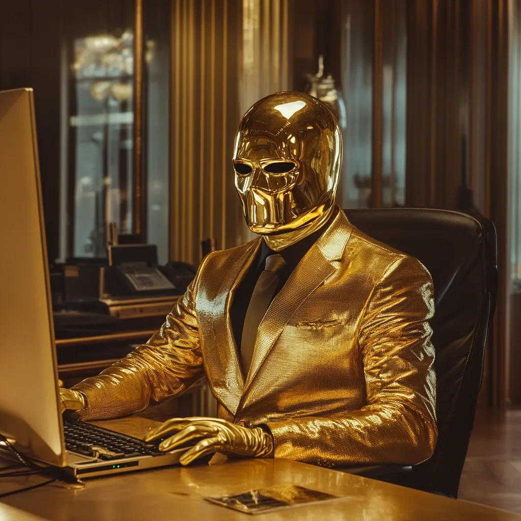 A person in a gold suit and matching gold mask sits at a desk, working on a computer.  The setting appears luxurious, with a wood-paneled office visible in the background. The gold attire is highly reflective, and the figure's identity is concealed by the mask. The overall image evokes a sense of mystery and opulence.