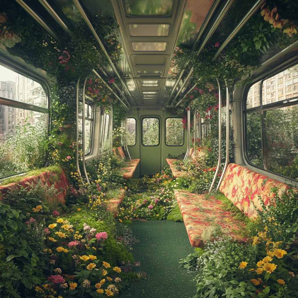 A vibrant, overgrown train car is completely enveloped in lush greenery and colorful wildflowers.  Seats are cushioned with blooming plants, and vines climb the walls and ceiling.  Sunlight filters through the windows, illuminating the scene.  The overall effect is one of serene, unexpected beauty, a captivating contrast between nature and urban transport.