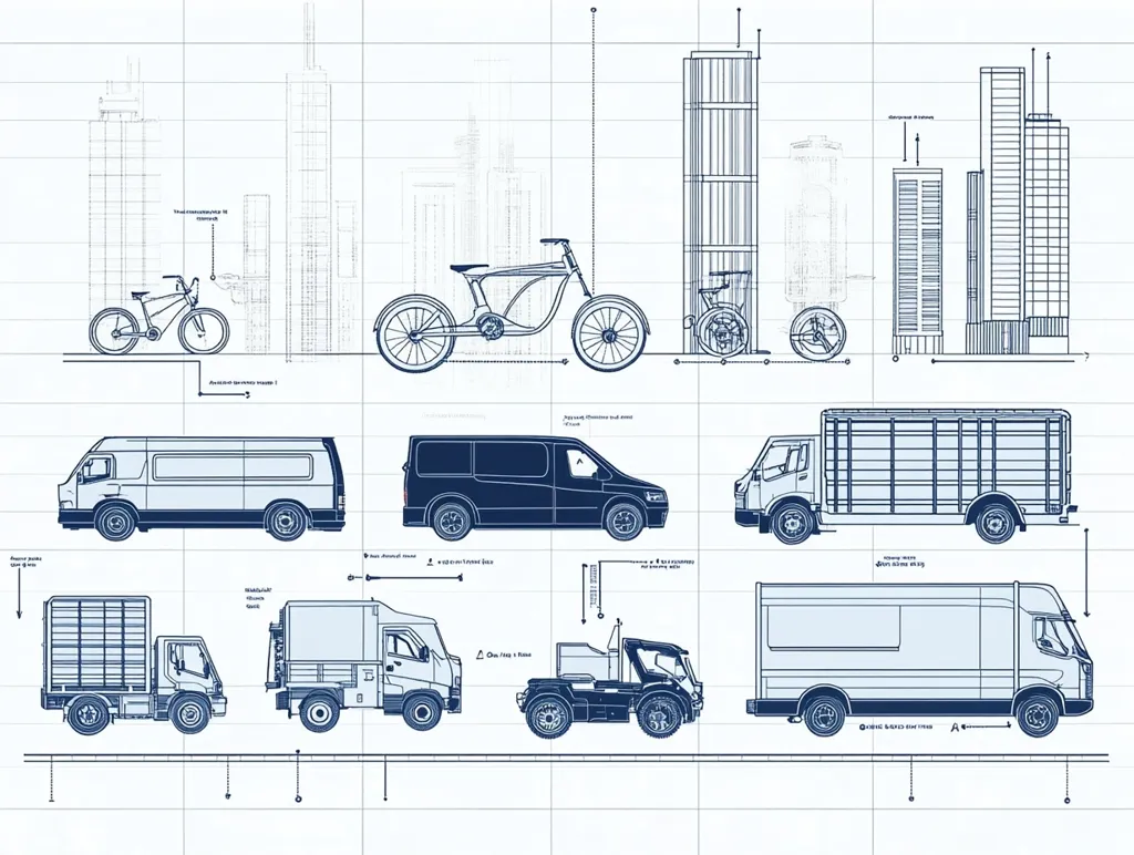 A blueprint-style illustration showcases various vehicles against a backdrop of city skyscrapers.  The image features bicycles, vans of different sizes, trucks with varying cargo capabilities, and a small utility vehicle.  All vehicles are depicted in a simplified, technical drawing style, emphasizing their dimensions and structural design.  The overall aesthetic is clean, utilizing a consistent blue and white color scheme on a grid background.