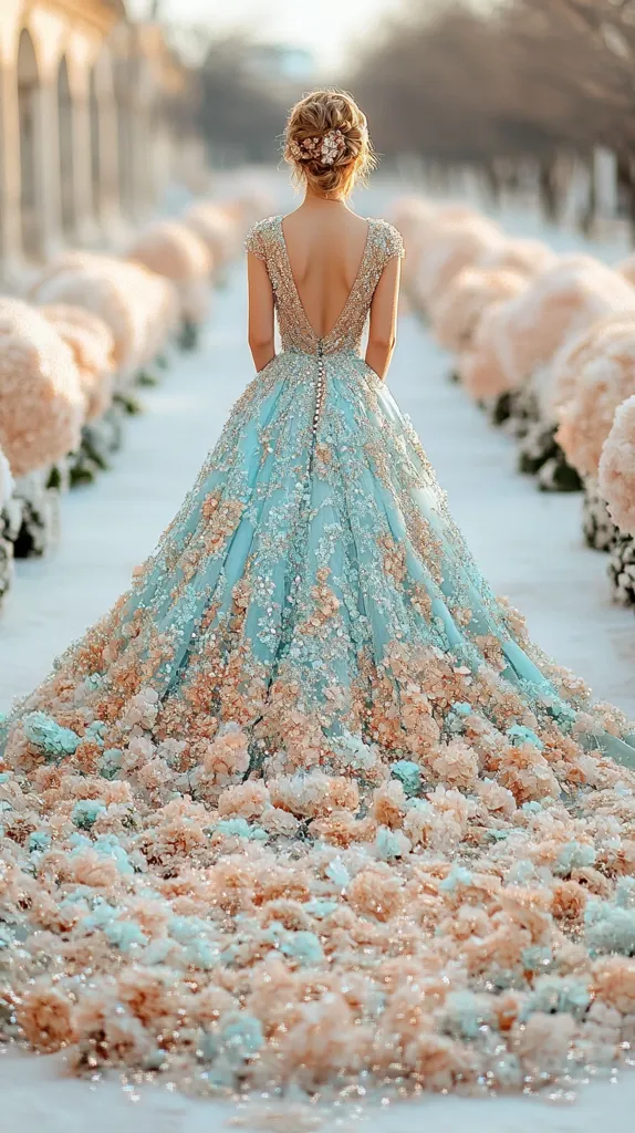 A woman in a breathtaking, light blue ball gown adorned with delicate floral embellishments walks down a path lined with fluffy, pastel-colored flower arrangements. The gown's low back and cap sleeves accentuate its exquisite detailing. The scene evokes a fairytale-like atmosphere, with soft lighting and a romantic backdrop. The train of the dress cascades dramatically, creating a stunning visual effect.