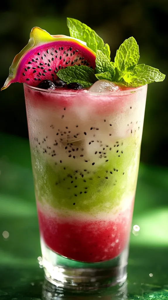 A refreshing layered smoothie is showcased in a tall glass.  The vibrant drink features a bottom layer of red, likely dragon fruit, a middle layer of green, possibly kiwi, and a creamy white layer in between. A slice of dragon fruit and fresh mint garnish the top, adding a touch of elegance to this visually appealing beverage.  Ice cubes are visible within the drink.