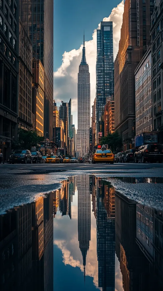 A captivating cityscape featuring the Empire State Building, reflected perfectly in a puddle on a city street.  Tall skyscrapers line the avenue, with cars driving past. The sky is a blend of blue and clouds, creating a dramatic contrast with the urban architecture. The image captures a moment of urban serenity, showcasing New York City's iconic skyline.