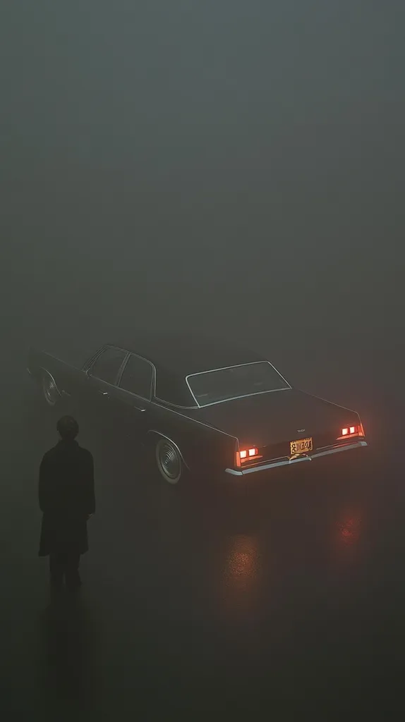 A lone figure in a long coat stands silhouetted against a thick fog, facing a vintage black sedan parked nearby.  The car's taillights glow faintly in the misty darkness, creating a moody, atmospheric scene.  The overall ambiance is mysterious and evocative of film noir. The image is rendered in a minimalist style, emphasizing shadows and atmospheric perspective.