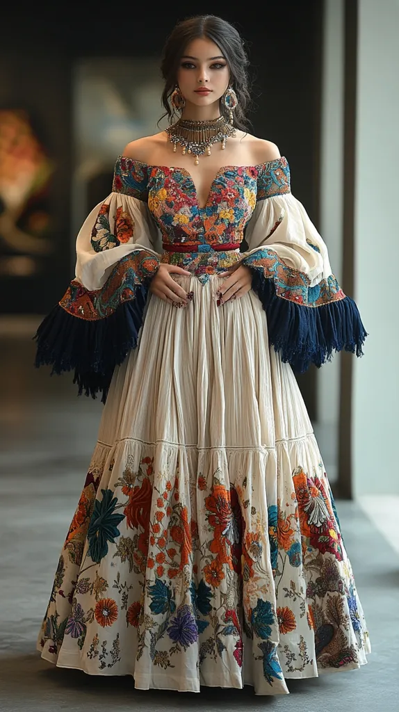 A young woman models a stunning off-the-shoulder gown. The cream-colored, tiered skirt is adorned with vibrant floral embroidery.  The bodice features intricate, colorful detailing,  mirrored on the wide, fringed sleeves.  She wears a gold necklace and earrings, complementing the dress's rich tones.  The overall effect is one of elegant, bohemian flair.