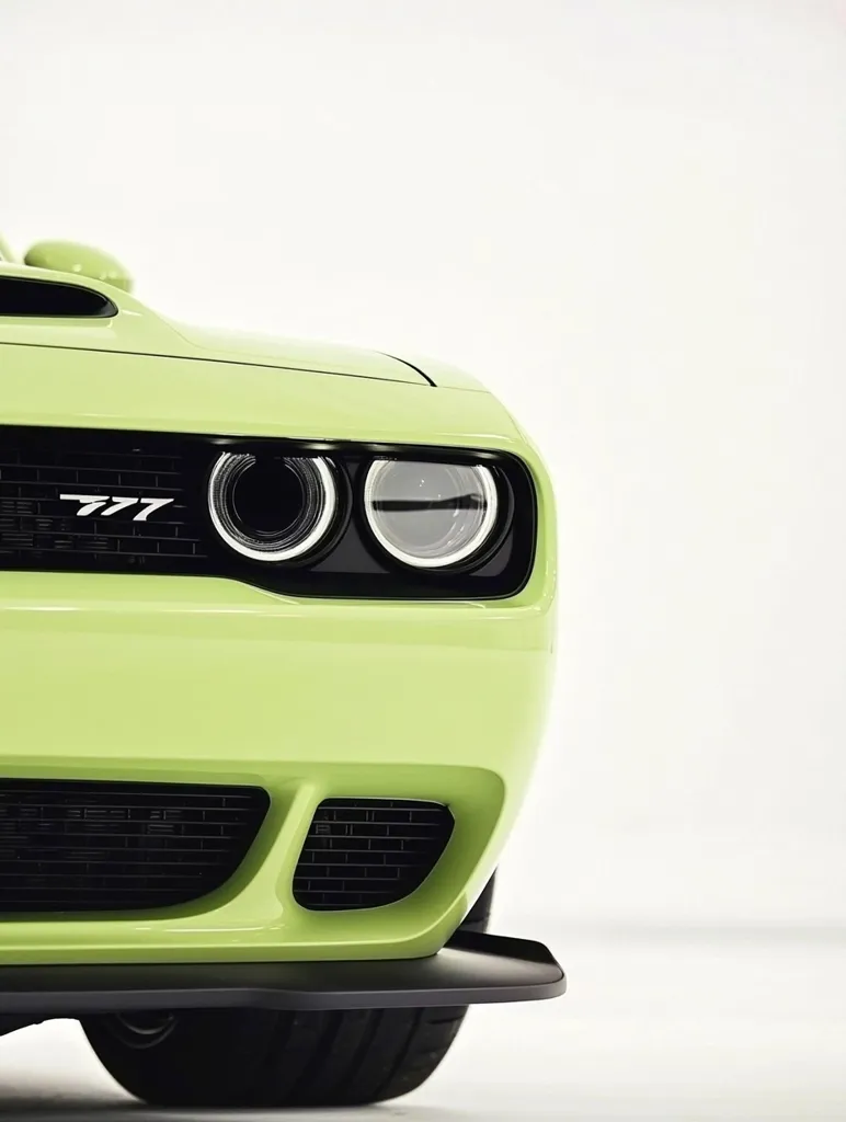 Close-up view of a light green Dodge Challenger Hellcat's front end.  The image highlights the car's aggressive design, featuring prominent headlights, a blacked-out grill with "777" badging, and a low-slung front spoiler. The pastel green paint contrasts sharply with the dark elements, creating a striking visual. The focus is on the car's powerful and stylish front fascia.