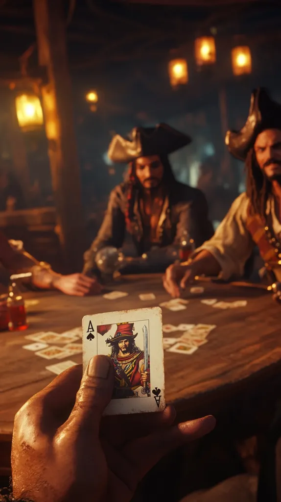 A hand holds the ace of spades, featuring a pirate, in the foreground.  Blurred in the background, three pirates in a dimly lit tavern are engaged in a card game around a wooden table.  Warm lighting from lanterns illuminates the scene, creating a dramatic and atmospheric setting.  The overall image suggests a scene of high stakes gambling and pirate intrigue.