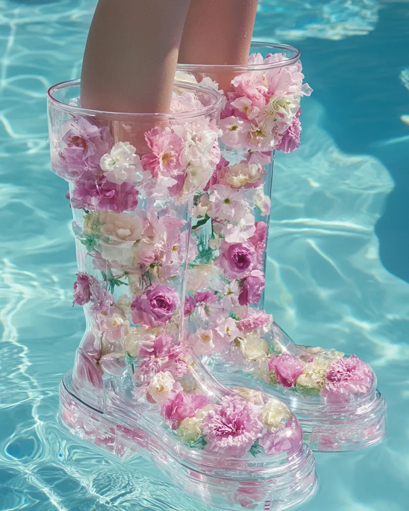 A pair of transparent boots, filled with pink and white flowers, are submerged in a clear blue pool.  The flowers, a mix of roses and other blooms, are arranged artfully within the boots, creating a whimsical and ethereal effect.  The legs of the wearer are partially visible, suggesting a serene and dreamlike scene. The overall image is delicate and visually stunning.