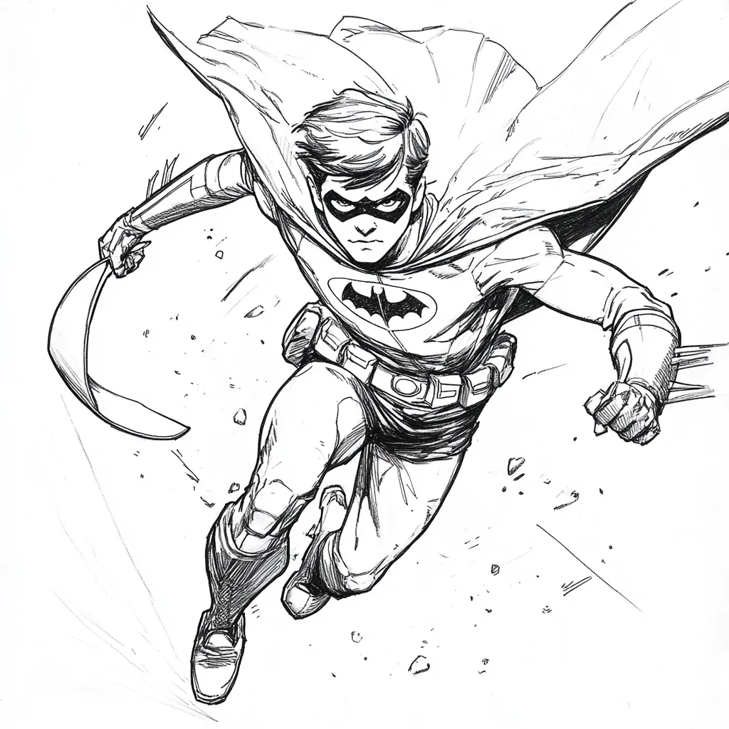 A dynamic ink drawing depicts Robin, the Boy Wonder, in mid-stride.  His cape billows behind him as he dashes forward, a determined expression on his face.  The style is gritty and detailed, showcasing his costume's texture and the energy of his movement.  Debris scatters around him, suggesting a fast-paced action scene.  The overall effect is one of youthful power and heroic resolve.