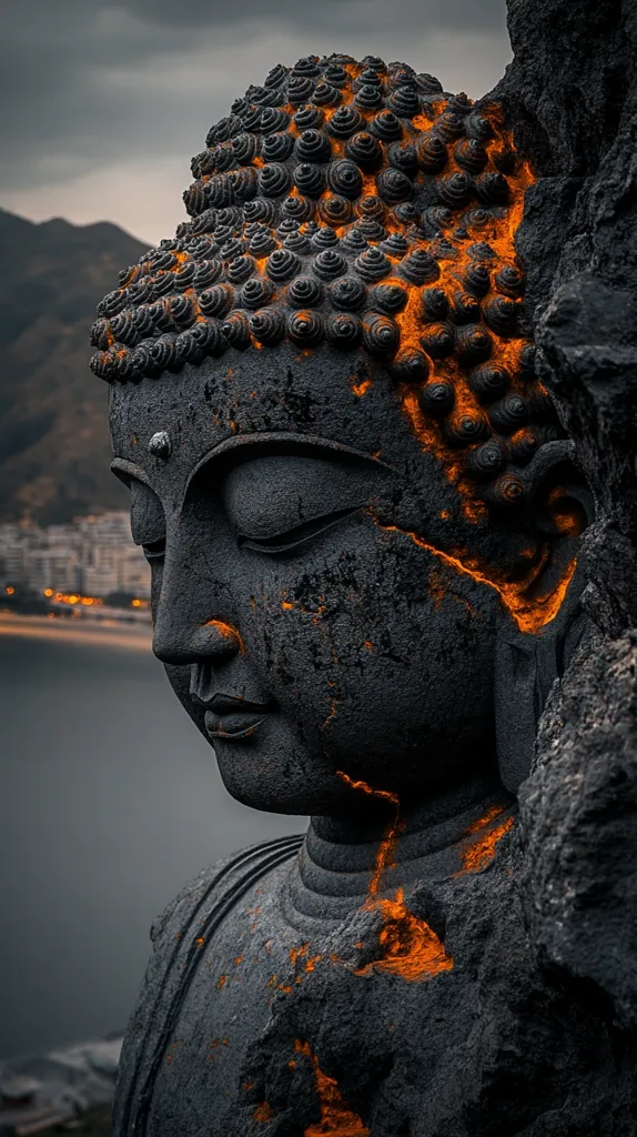 A weathered stone Buddha statue, partially illuminated with an orange glow, is captured in close-up.  The intricate details of the head and ushnisha are visible, contrasting with the rough texture of the stone.  A crack runs down the statue's side, adding to its aged appearance.  The background features a blurred cityscape and water, suggesting a tranquil, elevated setting.
