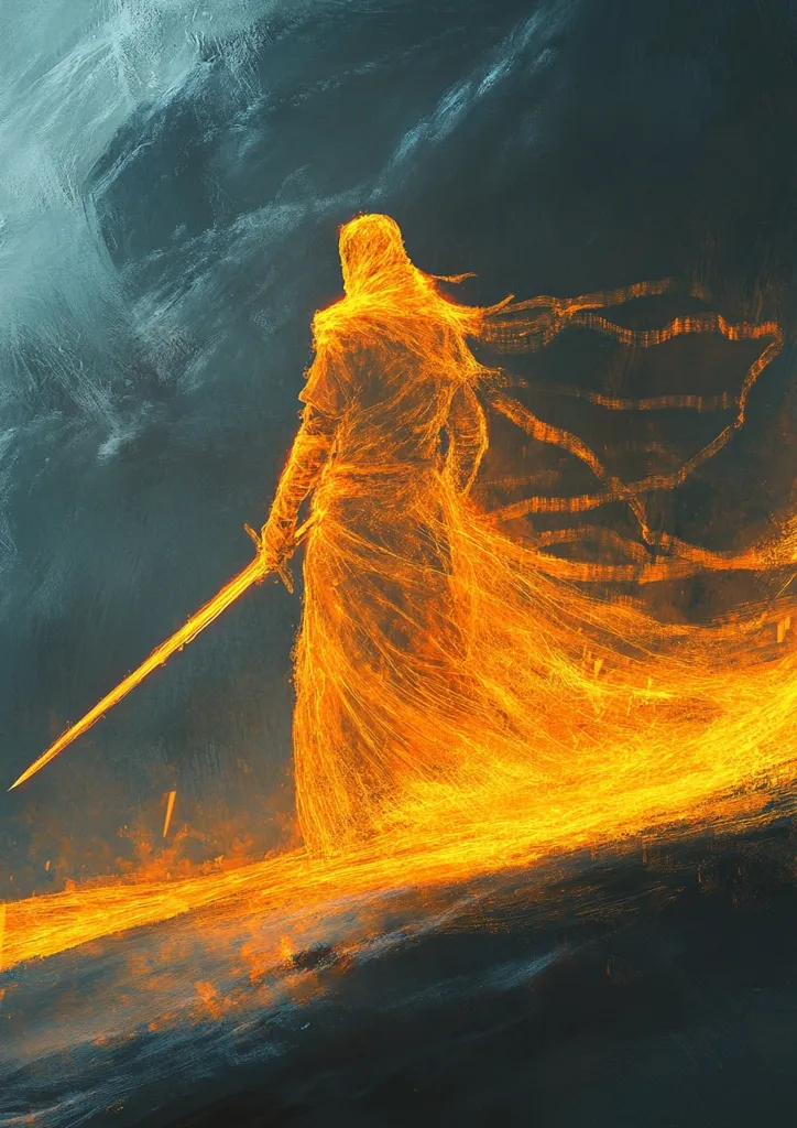 A fiery figure, cloaked in incandescent threads, stands with a sword.  The flowing, ethereal form suggests motion and power, contrasting against a dark, stormy backdrop. The artist's style utilizes vibrant oranges and yellows to depict the figure, while the background is rendered in somber blues and grays. The overall impression is one of dramatic intensity and otherworldly presence.