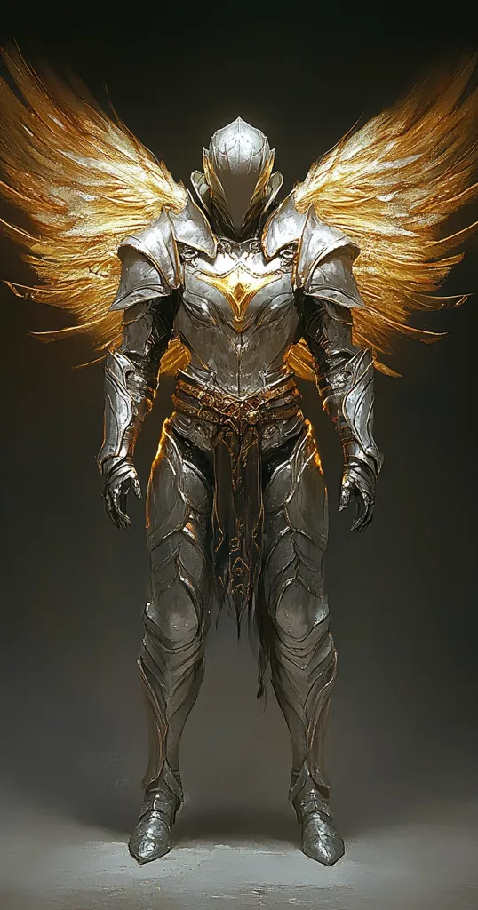 A majestic figure, clad in gleaming silver armor, stands with large, golden wings extending from its back. The helmet obscures the face, adding to the mystery.  The armor is intricately detailed, showcasing a high level of craftsmanship. The overall impression is one of power, grace, and otherworldly presence. The dark background emphasizes the figure's radiant qualities.