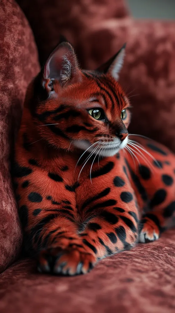 A striking Bengal cat, predominantly reddish-orange with distinctive black spots, rests on a maroon velvet couch.  Its intense green eyes and alert expression contrast with the plush texture of the fabric.  The cat's coat displays a rich, vibrant color, and its paws are neatly tucked beneath it. The overall image is one of elegant feline repose.
