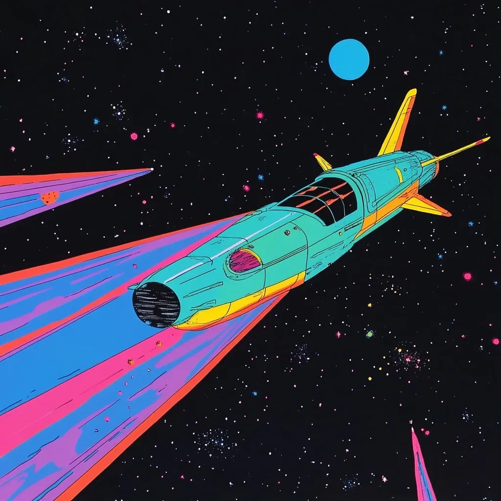 A vibrant, retro-style illustration depicts a spaceship soaring through a cosmos speckled with stars.  The spacecraft, teal and yellow, leaves a trail of neon pink and blue streaks. A large blue planet is visible in the distance, adding to the psychedelic space scene.  The artwork’s bold colors and lines create a dynamic and energetic feel.