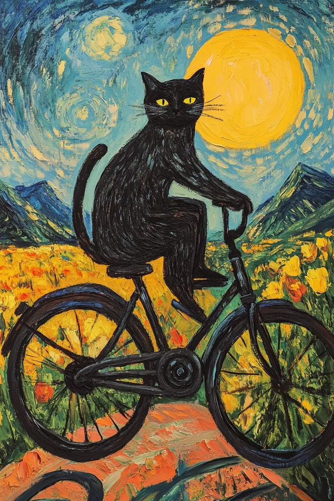 A black cat sits upright on a bicycle, cycling through a vibrant landscape. The style mimics Van Gogh's impasto technique, with swirling brushstrokes depicting a starry night sky, a large yellow sun, and a field of yellow flowers.  Mountains rise in the background, adding depth to the whimsical scene. The cat's expression is calm and confident.