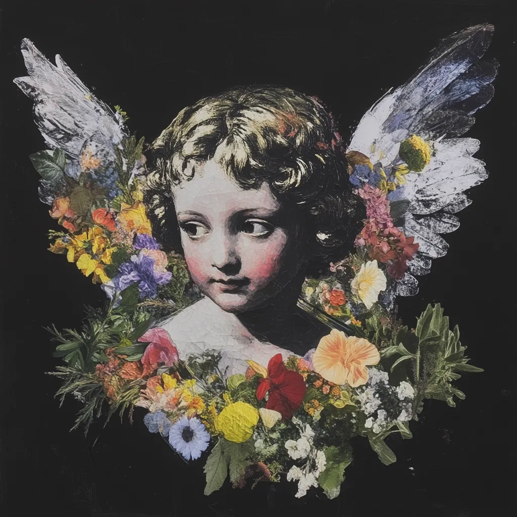 A cherubic angel, rendered in a classical painting style, is adorned with a vibrant wreath of pressed flowers.  The angel's wings, subtly textured, emerge from the floral arrangement against a stark black background. The image combines the delicate beauty of a Baroque-style angel with the textural richness of pressed botanicals, creating a captivating juxtaposition.  The overall effect is both ethereal and intensely detailed.