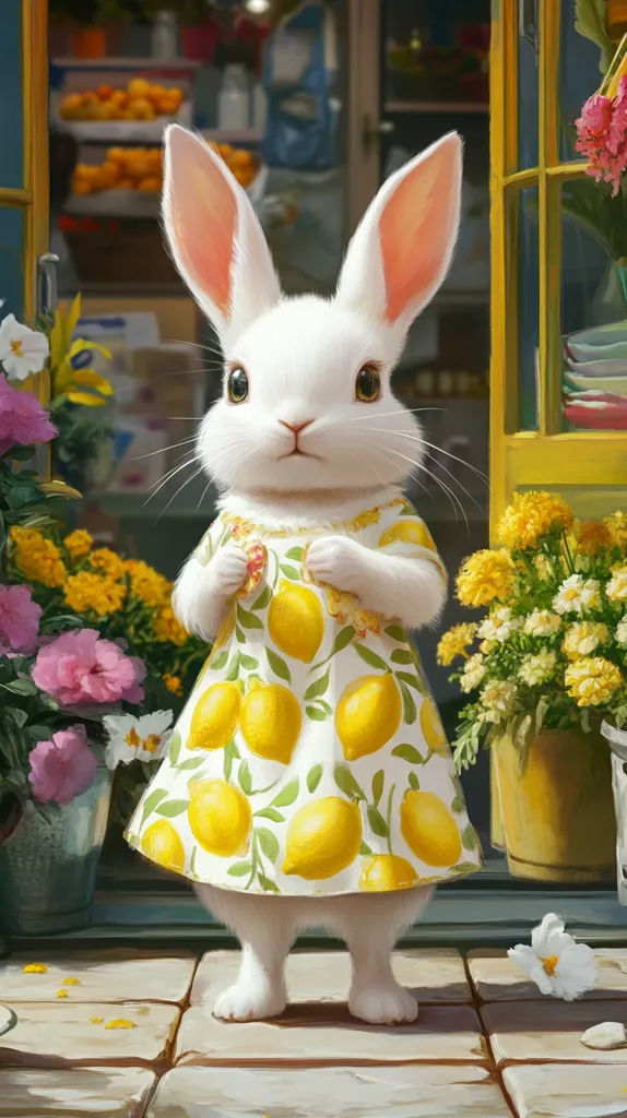 A charming illustration depicts a white rabbit adorned in a lemon-patterned dress.  The rabbit stands on a stone pathway outside a quaint shop, surrounded by blooming flowers in pots.  The shop's interior, subtly visible, suggests a fruit and flower market. The overall style is whimsical and inviting, with soft lighting and vibrant colors.  The rabbit appears sweet and endearing, holding a small item near its chest.