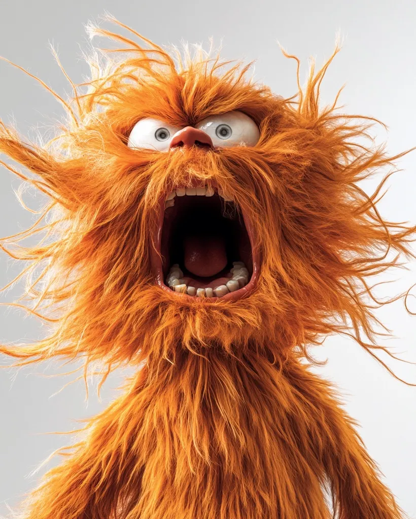 A bright orange, furry creature with wild hair screams with its mouth wide open, revealing teeth.  Its large, round eyes are wide with what seems to be an expression of intense emotion.  The puppet-like figure is vividly colored and its texture is highly emphasized. The background is a simple, light gray.