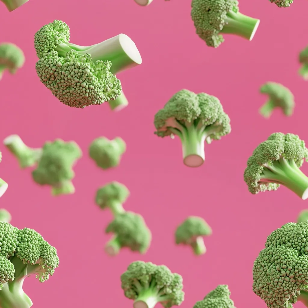 Multiple broccoli florets are falling against a vibrant pink background.  The florets vary in size and orientation, creating a dynamic and playful composition.  The image suggests a healthy and vibrant lifestyle, with the bright color contrasting nicely with the green of the broccoli. The overall aesthetic is clean and modern.