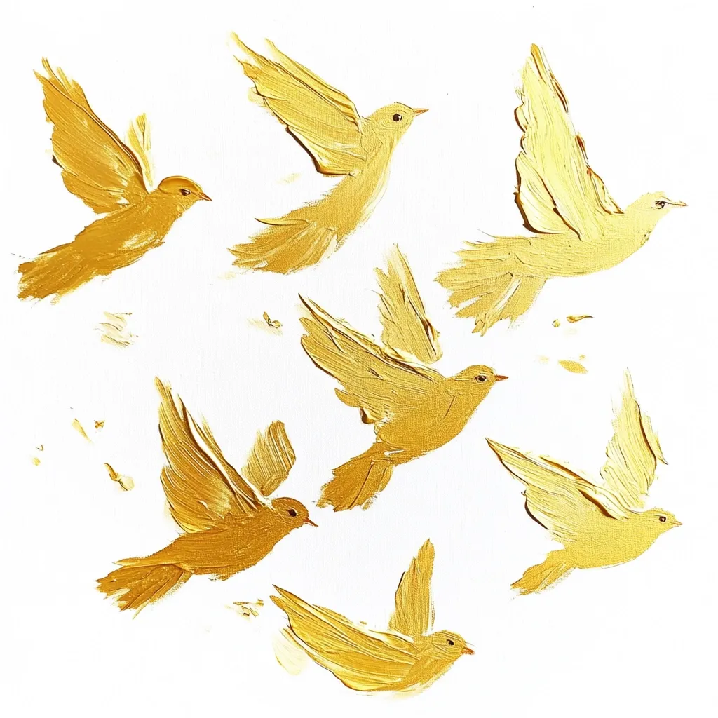 A vibrant painting showcases seven golden birds in mid-flight against a stark white backdrop.  Rendered in thick, impasto style, the birds are depicted with dynamic wingspans and a sense of motion.  Their golden hue is luminous, creating a feeling of warmth and freedom. The overall composition is lively and expressive, capturing a moment of avian grace and energy.