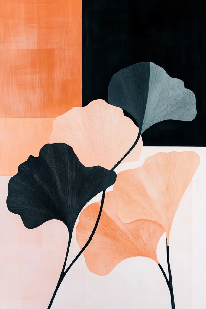 A stylized artwork features ginkgo biloba leaves in varying shades of peach and dark teal, set against a geometric backdrop of peach and black. The leaves are rendered with delicate, linear detail, creating a sense of texture. The composition is minimalist, with a focus on color and form, evoking a feeling of calmness and elegance.  The color palette is muted and sophisticated.