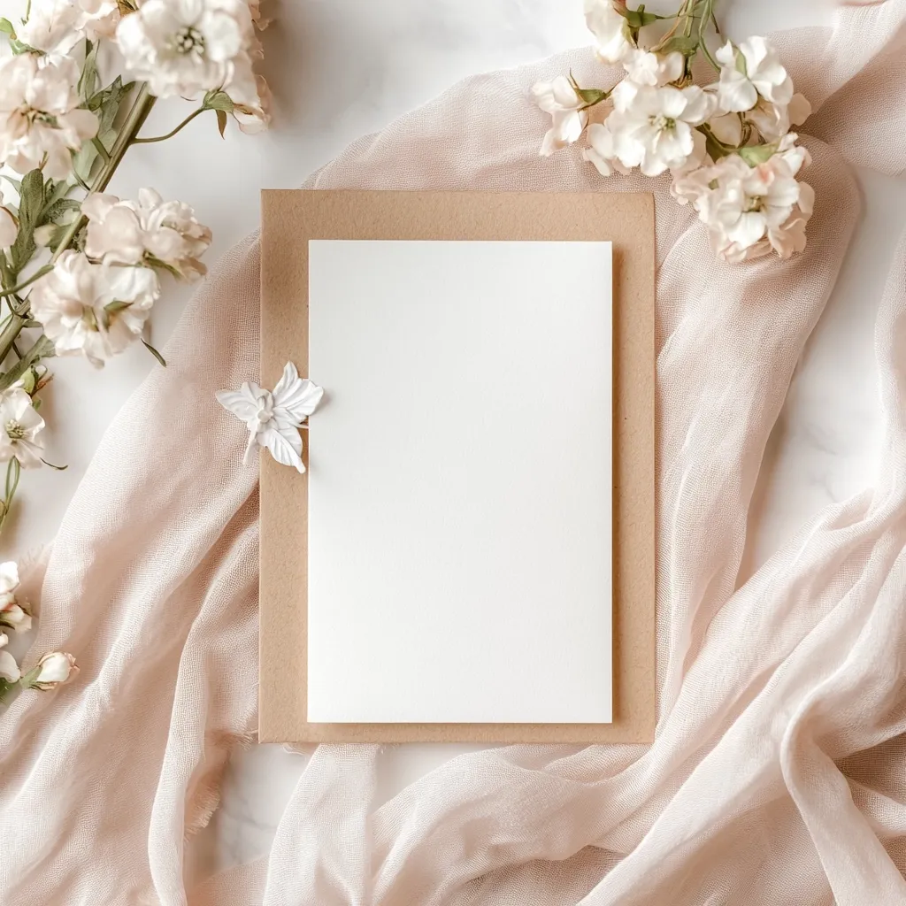 A blank white card rests on a kraft paper envelope, adorned with a delicate white flower embellishment.  The stationery is nestled on a soft, blush-colored fabric, surrounded by sprigs of light pink blossoms.  The scene is minimalist and elegant, suggesting a wedding invitation or other special announcement. The overall aesthetic is soft, romantic, and refined.