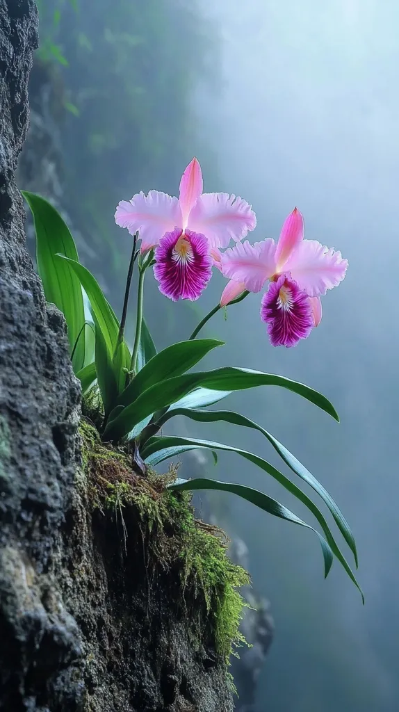 Two vibrant pink and purple orchids bloom from a mossy rock face, their petals delicately unfurled.  The lush green foliage contrasts against the muted grey of the stone. A misty atmosphere softens the background, creating a serene and ethereal scene. The orchids cling tenaciously to their rocky perch, showcasing their resilience and beauty in a natural setting.