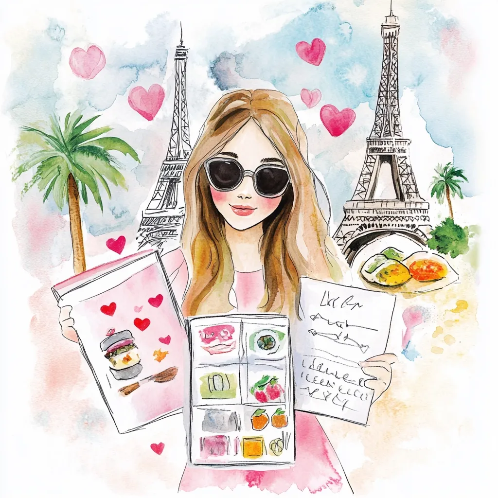 A watercolor illustration depicts a stylish woman in Paris. She wears sunglasses and a pink dress, holding a planner and a food journal.  The Eiffel Tower and palm trees form a romantic backdrop, adorned with hearts.  The planner shows meal plans, while the food journal seems to list Parisian treats and ingredients. The overall style is whimsical and feminine, suggesting a delightful Parisian adventure.