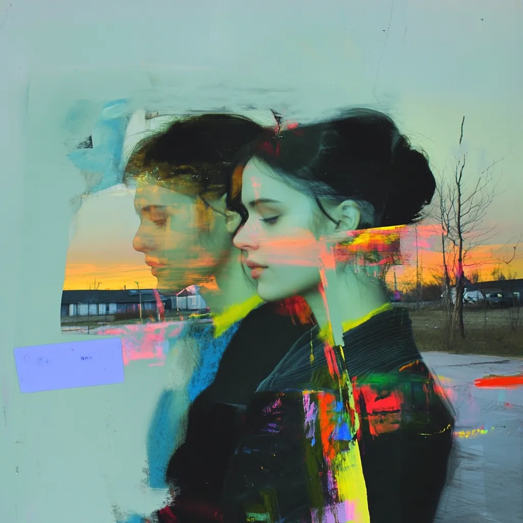 A vibrant, abstract portrait of two young people, possibly a couple, is presented.  Their faces are partially obscured by bold, colorful brushstrokes in greens, oranges, and yellows, creating a dreamlike atmosphere.  A tranquil sunset over a distant landscape is subtly visible behind them, adding depth and context.  The overall style is expressive and evocative, focusing on emotion rather than precise detail.