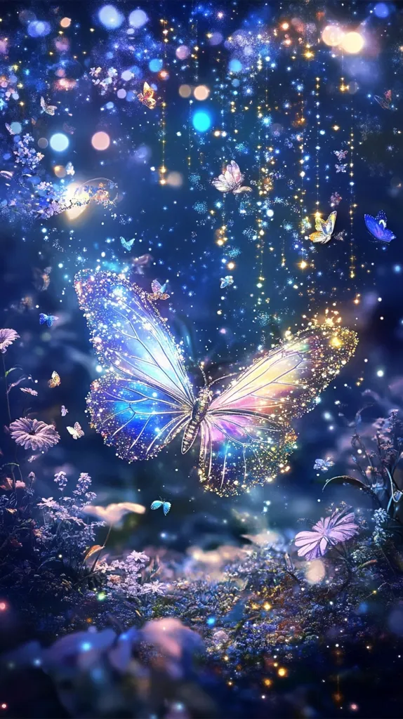 A large, iridescent butterfly, adorned with glittering sparkles, takes center stage against a backdrop of a dark blue, starlit night.  Smaller butterflies and sparkling lights float around it, creating a magical, ethereal atmosphere.  Delicate purple flowers bloom in the foreground, adding to the enchanting scene. The overall image evokes a sense of fantasy and wonder.