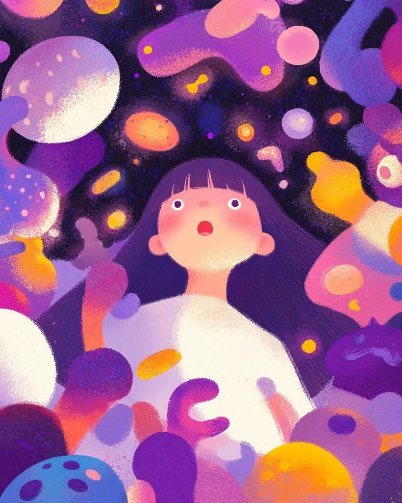 A girl with dark hair and wide eyes gazes upward in awe, surrounded by a vibrant, abstract cosmos.  Swirls of purple, orange, and yellow organic shapes fill the space, resembling planets, nebulae, or fantastical creatures. The overall mood is dreamy and whimsical, suggesting wonder and exploration.  The girl's expression conveys a sense of childlike amazement at the beautiful, surreal scene.