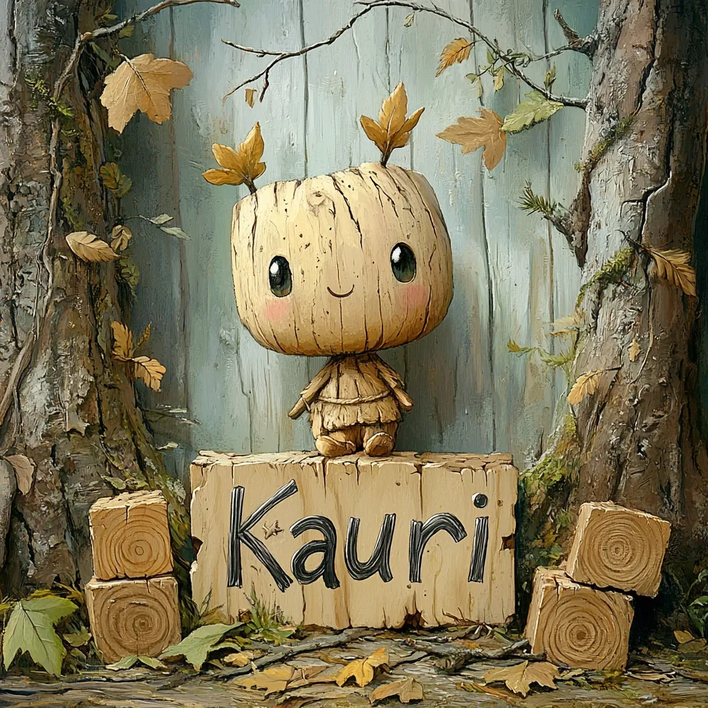 A charming wooden figurine, resembling a whimsical creature with leaf accents atop its head, sits on a rustic wooden sign reading "Kauri."  The scene is set amidst autumnal foliage and weathered tree trunks, creating a cozy, woodland atmosphere.  The artwork is painted in a style that combines realism with a touch of fantasy, emphasizing texture and detail.