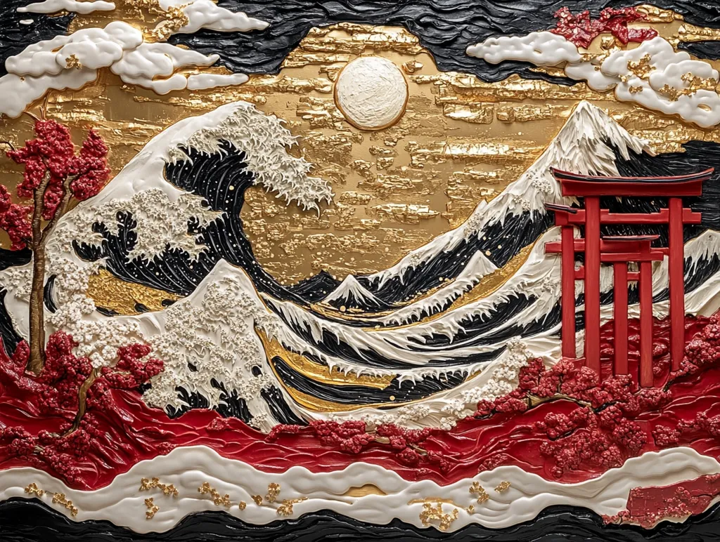 A three-dimensional artwork depicts a stylized interpretation of the Great Wave off Kanagawa.  The wave, rendered in white, black, and gold, crashes dramatically against Mount Fuji, also textured and gold accented.  Red coral-like forms represent land and flowering trees, while a red torii gate stands to the right.  The scene is under a large golden moon against a textured gold background. The overall style is richly textured and luxurious, blending traditional Japanese imagery with a contemporary, three-dimensional approach.