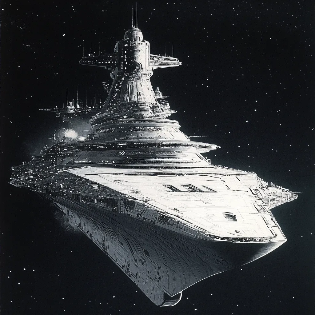 A grayscale illustration depicts a massive Imperial Star Destroyer in the vast expanse of space.  The intricate detail of the ship's design is clearly visible, from its towering central superstructure to its long, sleek hull.  Smaller craft are visible near the Destroyer, and faint explosions suggest recent action. The backdrop is a dark, star-studded void, emphasizing the ship's imposing size and power.