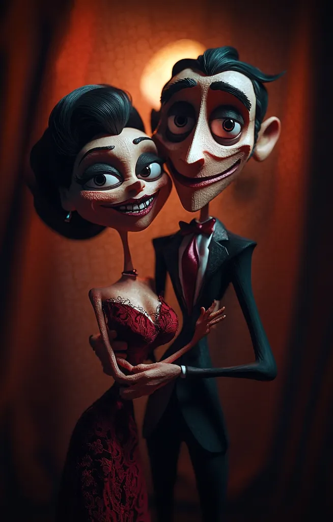 A stylized 3D-rendered image depicts an elegantly dressed couple, possibly from a gothic animation.  The woman wears a crimson lace dress, while her male partner is in a dark suit. Their features are exaggerated, with elongated limbs and expressive faces hinting at a darkly comedic or romantic narrative. The warm, dimly lit background enhances the dramatic mood.  The overall style suggests a film noir or Tim Burton aesthetic.
