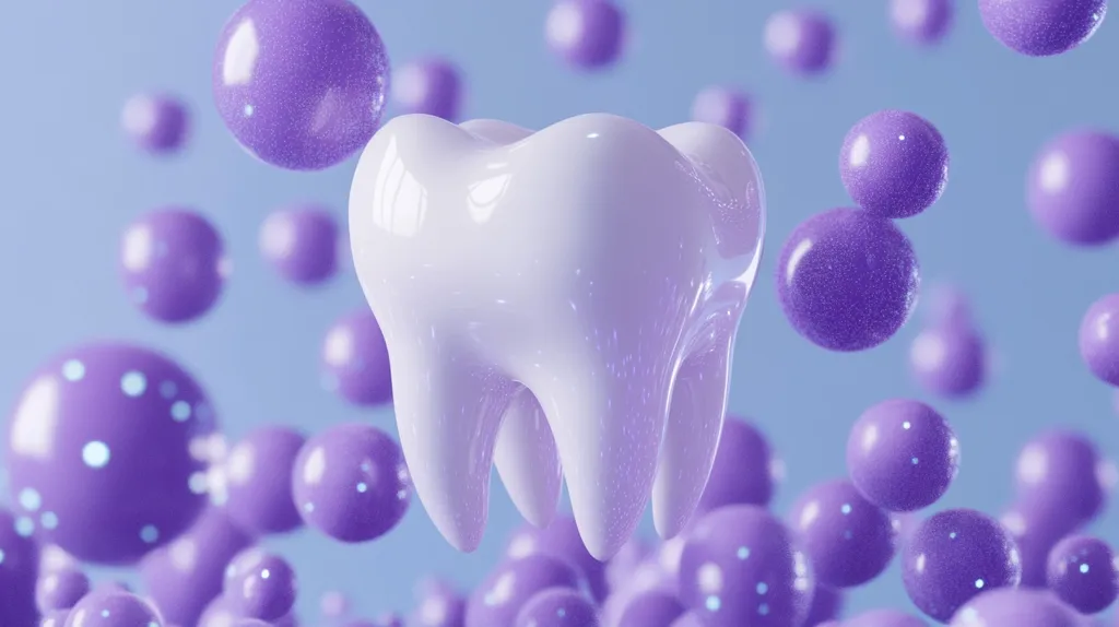 A large, glossy white tooth floats in the center of the image, surrounded by numerous small, lavender-colored spheres.  The spheres appear to be translucent and slightly textured. The background is a soft, light blue, creating a dreamy and surreal aesthetic. The overall image is clean and suggests themes of oral hygiene and dental care.