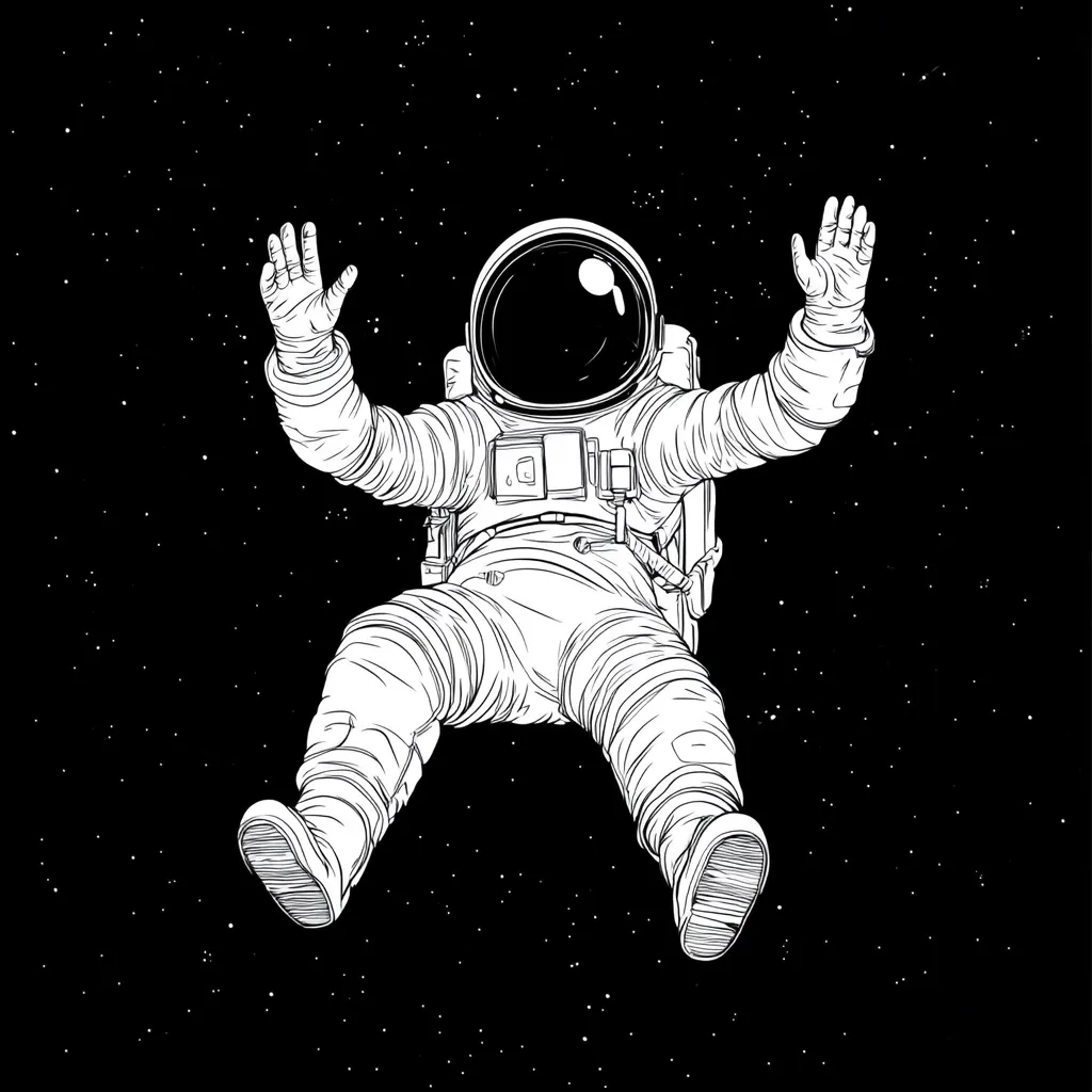 A detailed line drawing depicts an astronaut floating in the inky blackness of space, arms outstretched.  The astronaut's spacesuit is meticulously rendered, showcasing the texture and folds of the fabric.  Distant stars twinkle in the background, creating a dramatic contrast against the astronaut's silhouette.  The image evokes a sense of isolation and wonder in the vast expanse of the cosmos.